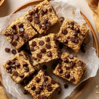 Delicious 4 ingredient peanut butter banana bars on a wooden cutting board