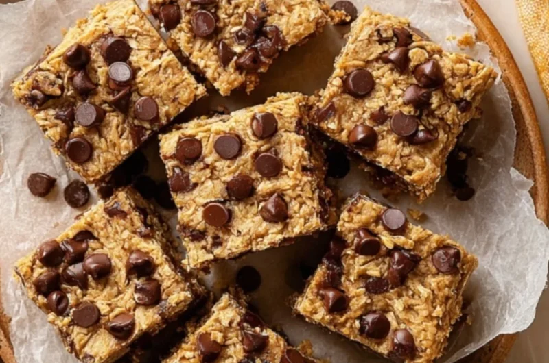 Delicious 4 ingredient peanut butter banana bars on a wooden cutting board