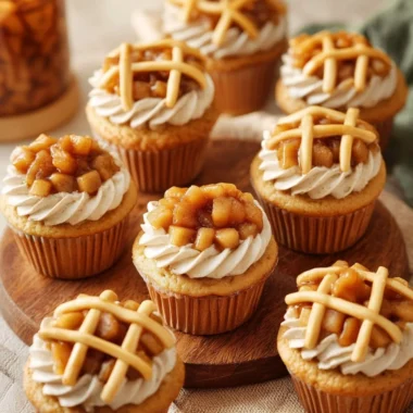 Delicious apple pie cupcakes topped with cinnamon frosting and apple slices
