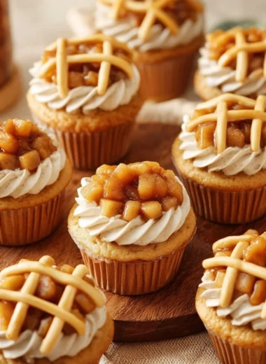 Delicious apple pie cupcakes topped with cinnamon frosting and apple slices