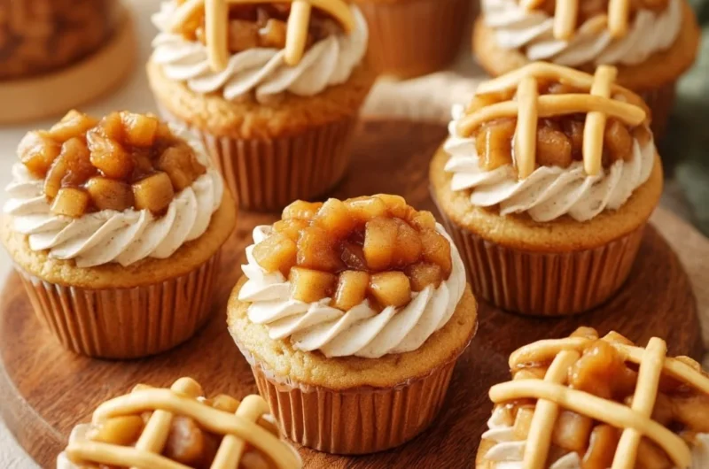 Delicious apple pie cupcakes topped with cinnamon frosting and apple slices