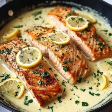 Baked salmon with lemon butter cream sauce on a plate