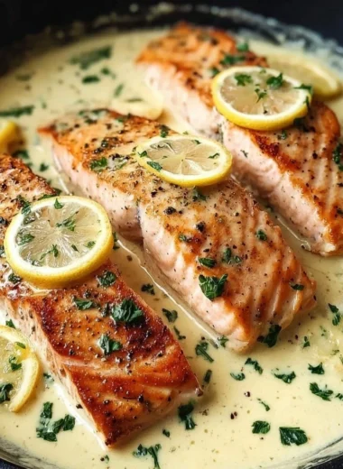 Baked salmon with lemon butter cream sauce on a plate