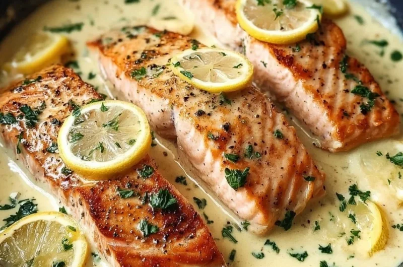 Baked salmon with lemon butter cream sauce on a plate