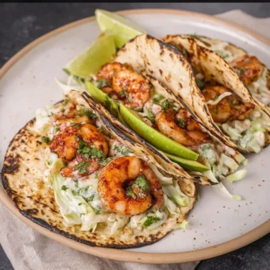 Cilantro Lime Shrimp Tacos with creamy slaw served on a plate