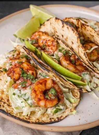 Cilantro Lime Shrimp Tacos with creamy slaw served on a plate