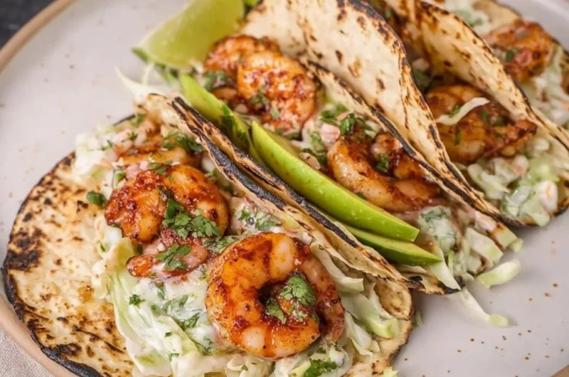 Cilantro Lime Shrimp Tacos with creamy slaw served on a plate