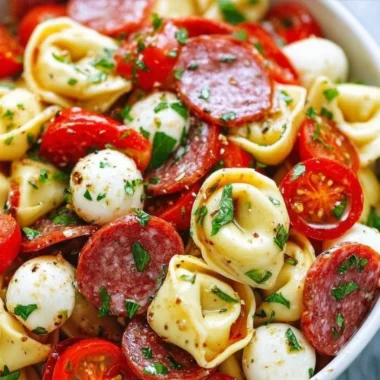 Cold Tortellini Pasta Salad with fresh vegetables and vinaigrette dressing