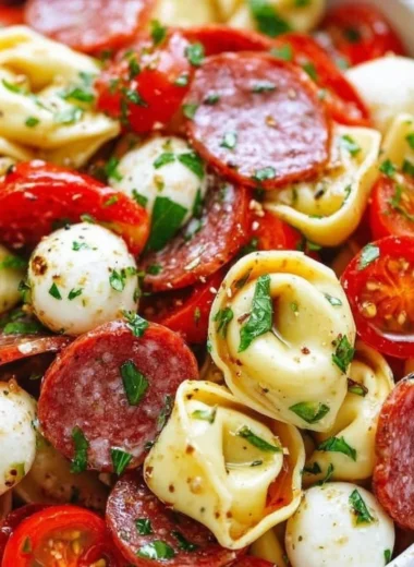 Cold Tortellini Pasta Salad with fresh vegetables and vinaigrette dressing