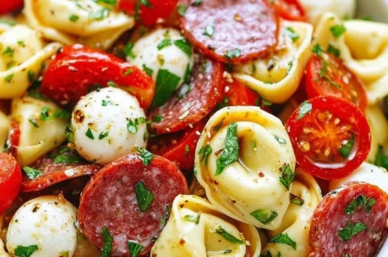 Cold Tortellini Pasta Salad with fresh vegetables and vinaigrette dressing
