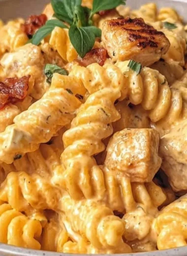 Creamy chicken feta pasta dish served with fresh herbs and vegetables.
