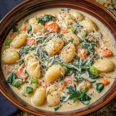 Creamy vegetarian gnocchi soup garnished with herbs in a bowl.