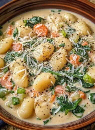 Creamy vegetarian gnocchi soup garnished with herbs in a bowl.