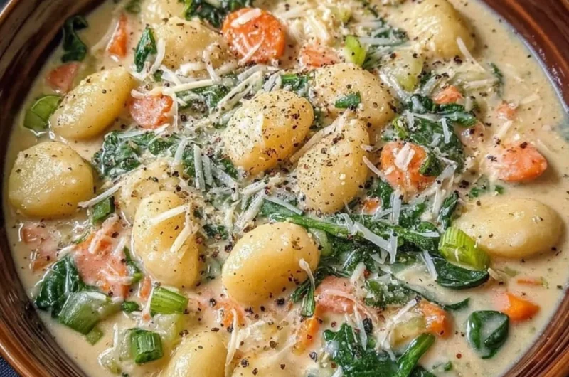 Creamy vegetarian gnocchi soup garnished with herbs in a bowl.