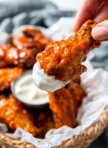 Crispy Air Fryer Buffalo Wings served with dipping sauce and celery sticks