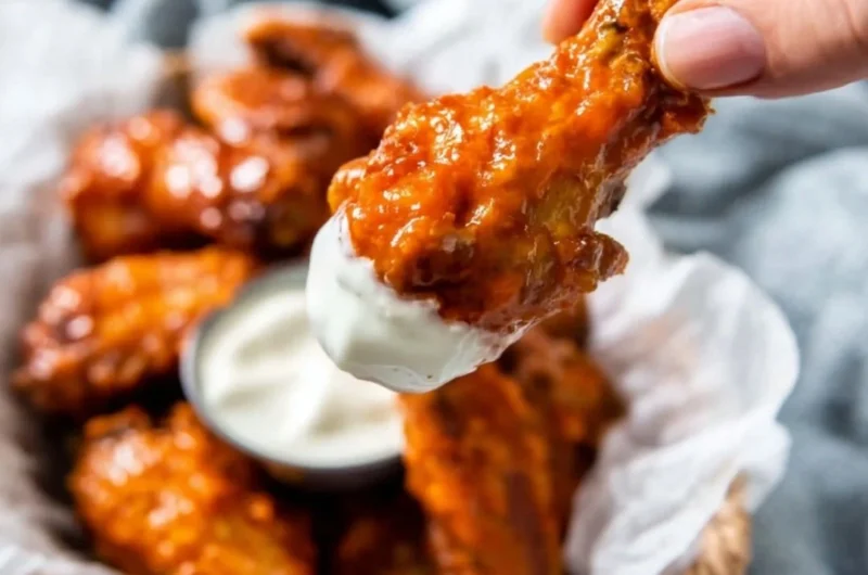 Crispy Air Fryer Buffalo Wings served with dipping sauce and celery sticks