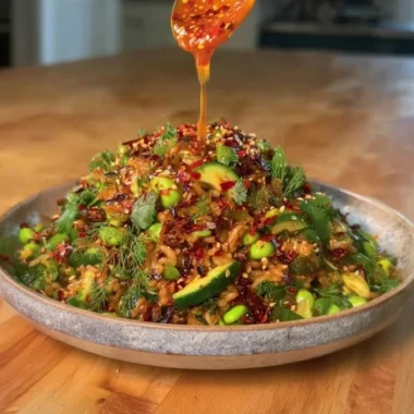 Delicious bowl of Crispy Rice Salad decorated with fresh vegetables and herbs.