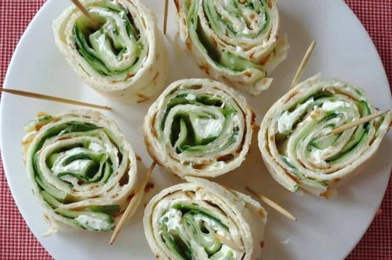 Cucumber and cream cheese sandwich rolls served on a plate.