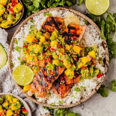Fresh salmon fillet served with mango salsa