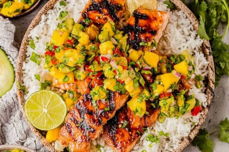 Fresh salmon fillet served with mango salsa