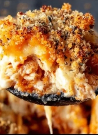 High protein chicken parmesan casserole baked to perfection with cheese and herbs.