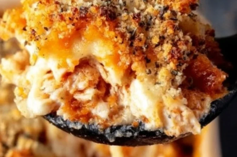 High protein chicken parmesan casserole baked to perfection with cheese and herbs.