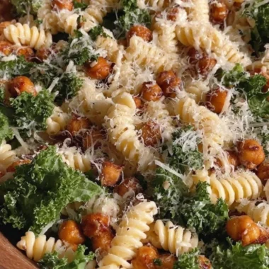 Kale Caesar Pasta Salad in a bowl topped with croutons and Parmesan cheese
