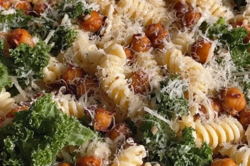 Kale Caesar Pasta Salad in a bowl topped with croutons and Parmesan cheese