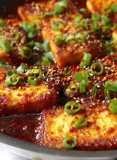 Plate of Korean braised tofu with vegetables and sauce
