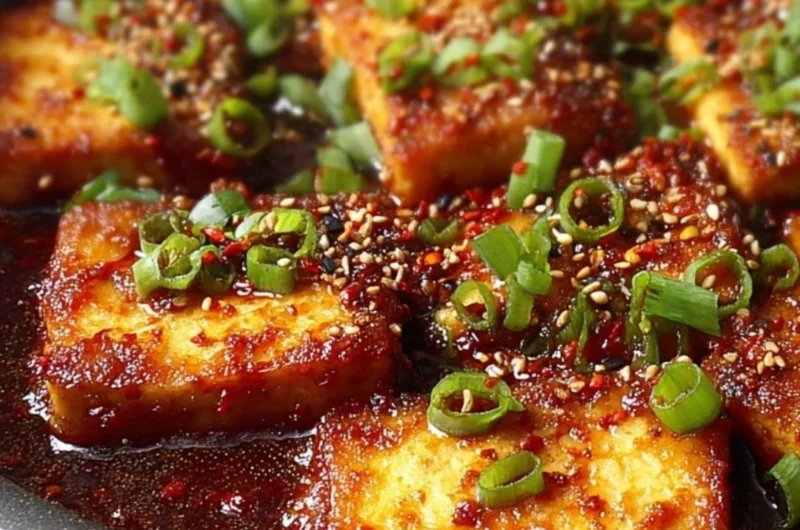 Plate of Korean braised tofu with vegetables and sauce