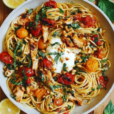 Plate of Lemon Butter Garlic Chicken Pasta with roasted cherry tomatoes and burrata cheese