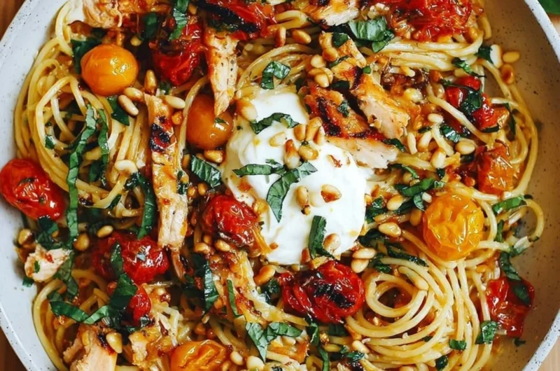 Plate of Lemon Butter Garlic Chicken Pasta with roasted cherry tomatoes and burrata cheese