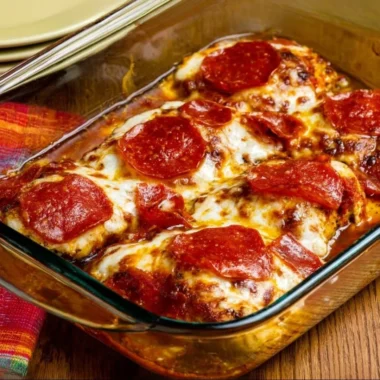 Low-carb pepperoni pizza chicken bake served on a plate