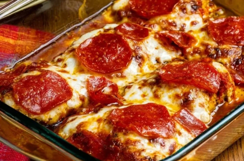 Low-carb pepperoni pizza chicken bake served on a plate