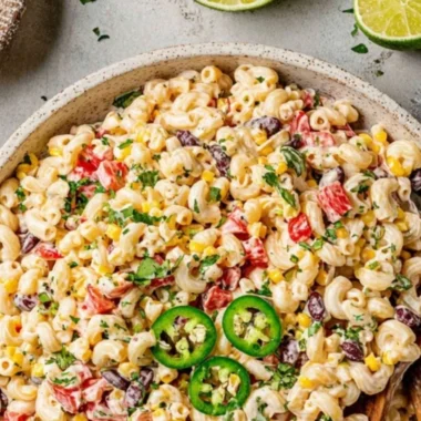 Colorful bowl of Mexican Macaroni Salad with fresh vegetables and spices.