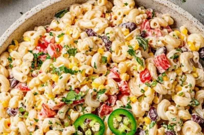 Colorful bowl of Mexican Macaroni Salad with fresh vegetables and spices.