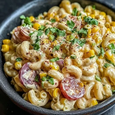 Bowl of Mexican street corn pasta salad with fresh ingredients and colorful toppings