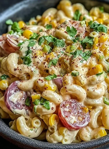 Bowl of Mexican street corn pasta salad with fresh ingredients and colorful toppings
