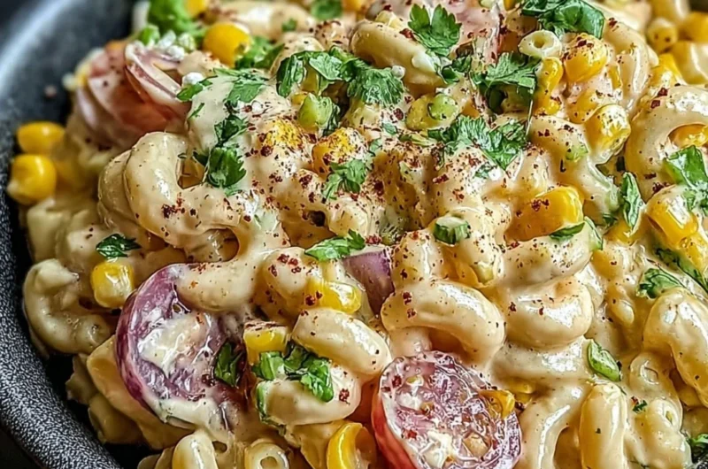 Bowl of Mexican street corn pasta salad with fresh ingredients and colorful toppings