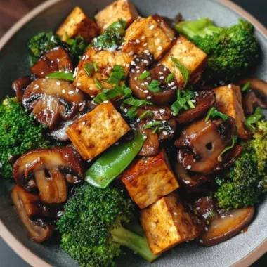 Delicious mushroom and tofu stir-fry served in a colorful bowl with vegetables