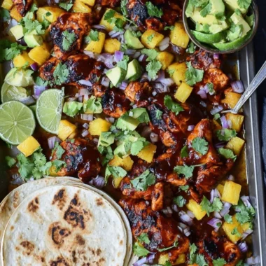 One Pan Chicken & Pineapple Tacos garnished and ready to serve.