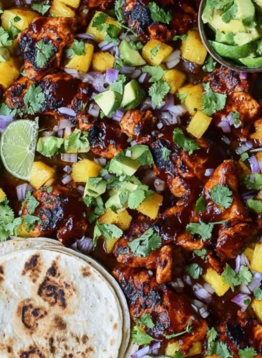 One Pan Chicken & Pineapple Tacos garnished and ready to serve.