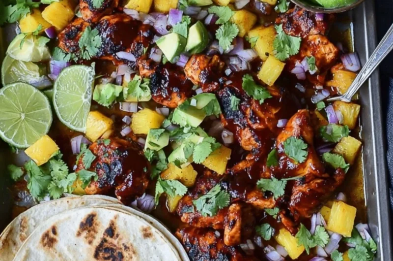 One Pan Chicken & Pineapple Tacos garnished and ready to serve.