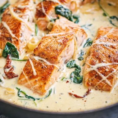 Delicious pan-seared salmon in creamy parmesan sauce served on a plate