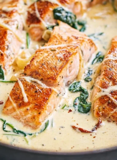 Delicious pan-seared salmon in creamy parmesan sauce served on a plate