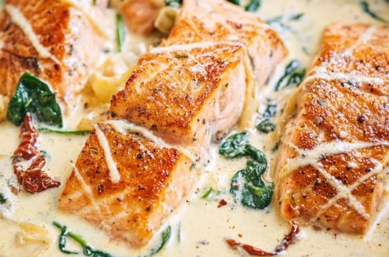 Delicious pan-seared salmon in creamy parmesan sauce served on a plate
