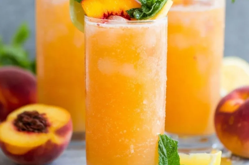 Refreshing peach lemonade in a glass with a peach slice and lemon wedge