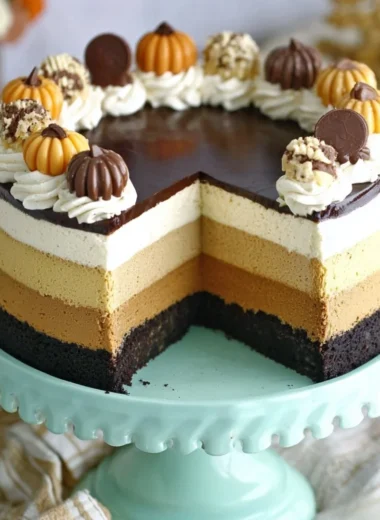 Slice of rich Pumpkin Chocolate Mousse Cake topped with whipped cream.