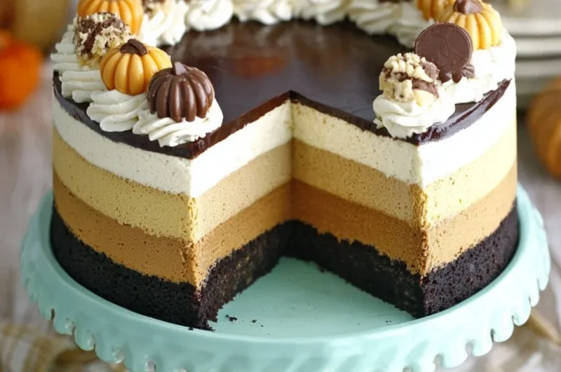 Slice of rich Pumpkin Chocolate Mousse Cake topped with whipped cream.