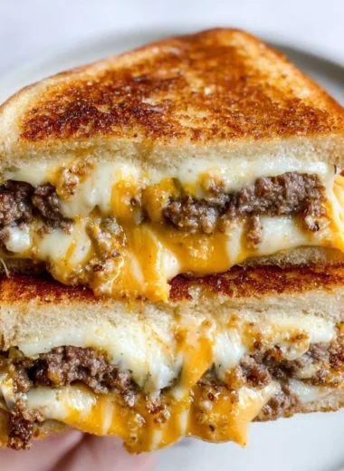 Smashburger grilled cheese sandwich with special sauce on a rustic plate